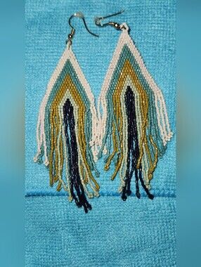 Boho Seed Bead Fringe Earrings in Teal, Gold & Cream